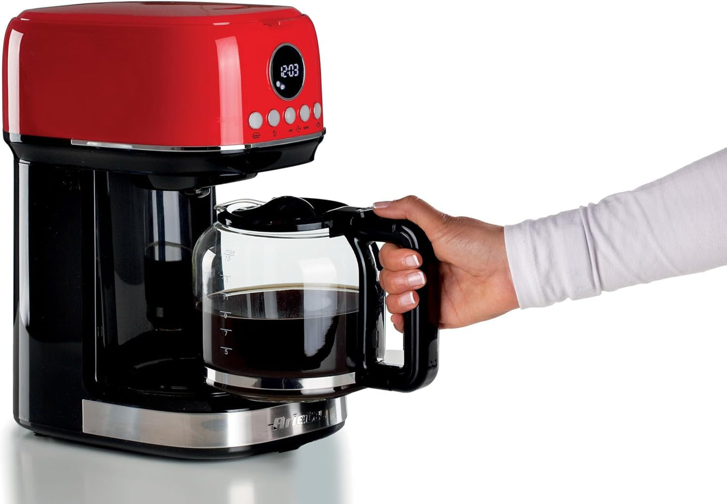 Ariete Moderna 1396 Filter-Espressomaschine für die Zubereitung von amerikanischem Kaffee, bis zu 15 Tassen, Glaskaraffe, Heizplatte, LCD-Display, herausnehmbare und waschbare Filter, weiß