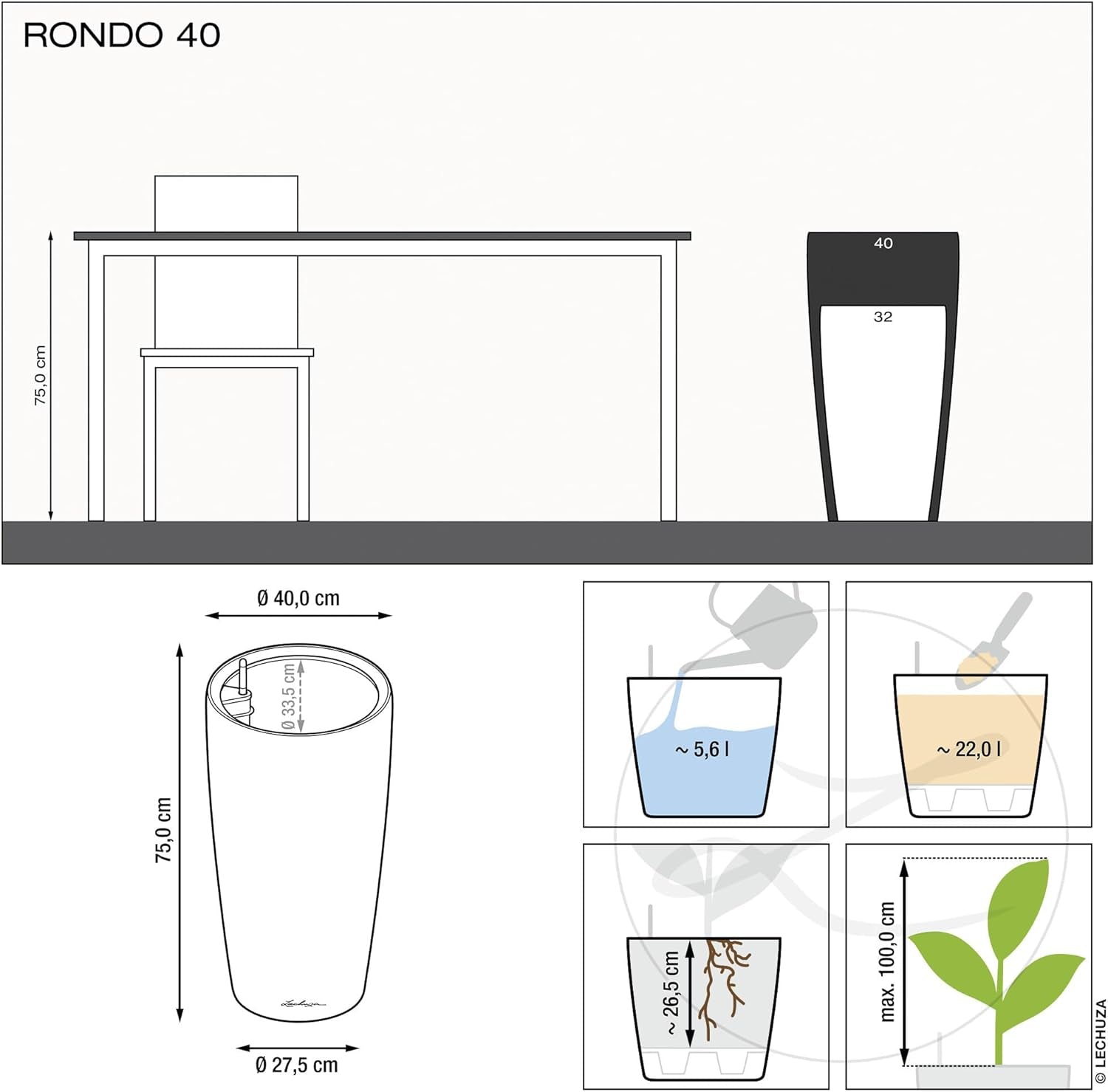 Pflanzgefäß LECHUZA Rondo Premium 32 Mattweiß | Pflanzsäule mit Bewässerungssystem, Wasserstandsanzeige und Pflanzeinsatz | Mattes Finish | Ø 32,5 x 56,5 cm | 15786