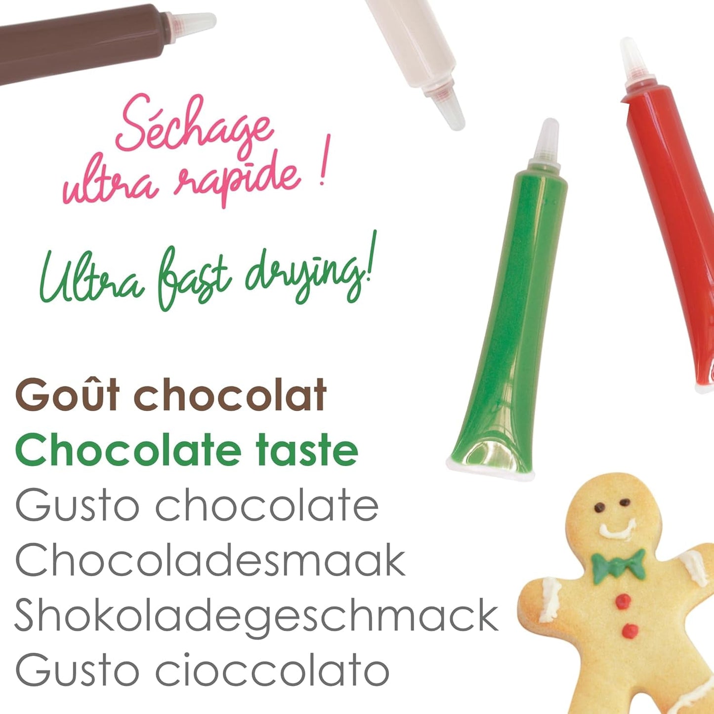 Scrapcooking – Set mit 4 weihnachtlichen Schokoladen-Buntstiften – Braun, Weiß, Grün und Rot – Essbare Farbe – Lebensmittelfarbe zum Schreiben – Schreiben und Zeichnen auf Desserts, Kuchen und Keksen – 7060