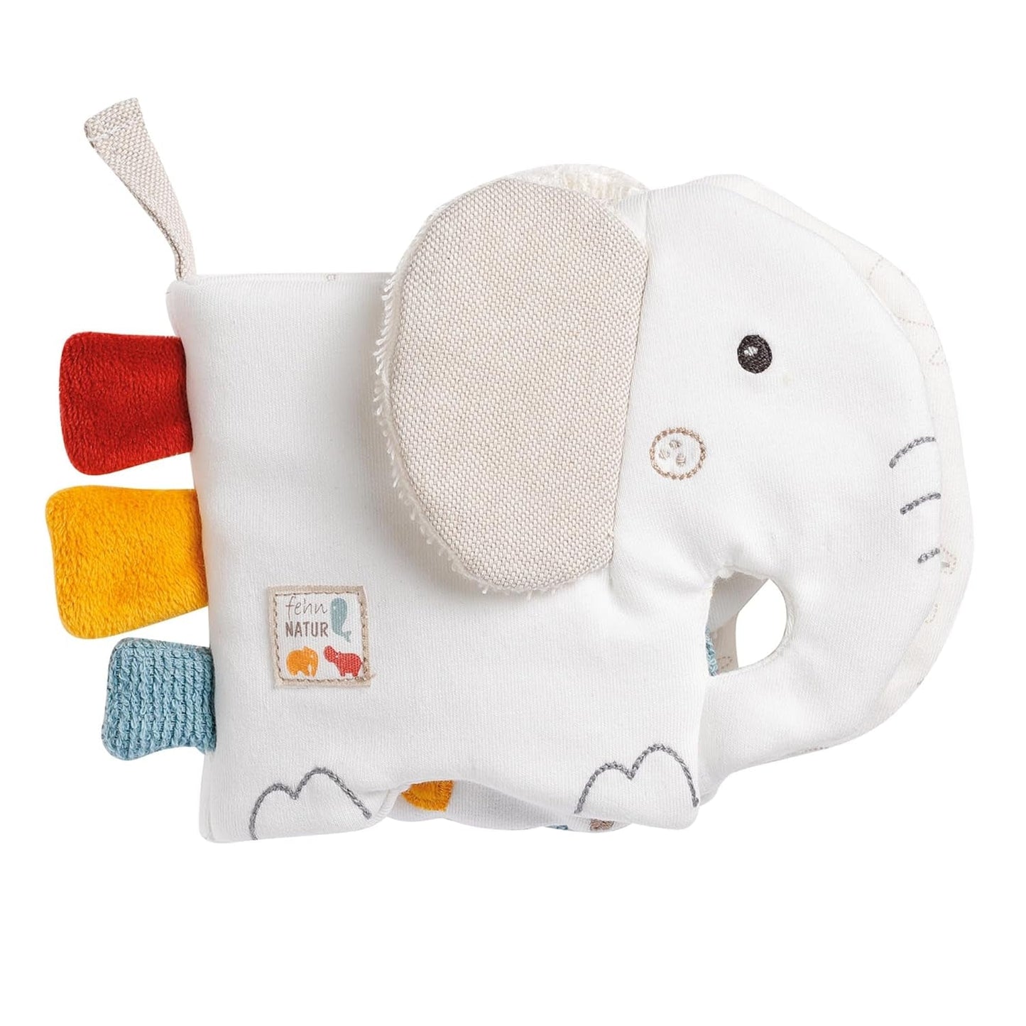 Fehn Soft-Bilderbuch Bruno – Softbuch für Babys aus Stoff mit Tiermotiven – Spielzeugbuch aus Stoff zum Aufhängen für Kinderwagen und Autositze für Babys – Buch mit Druckknöpfen für Babys und Kinder ab 0+ Monaten Babyspielzeug Naty Shop Elefant Natur