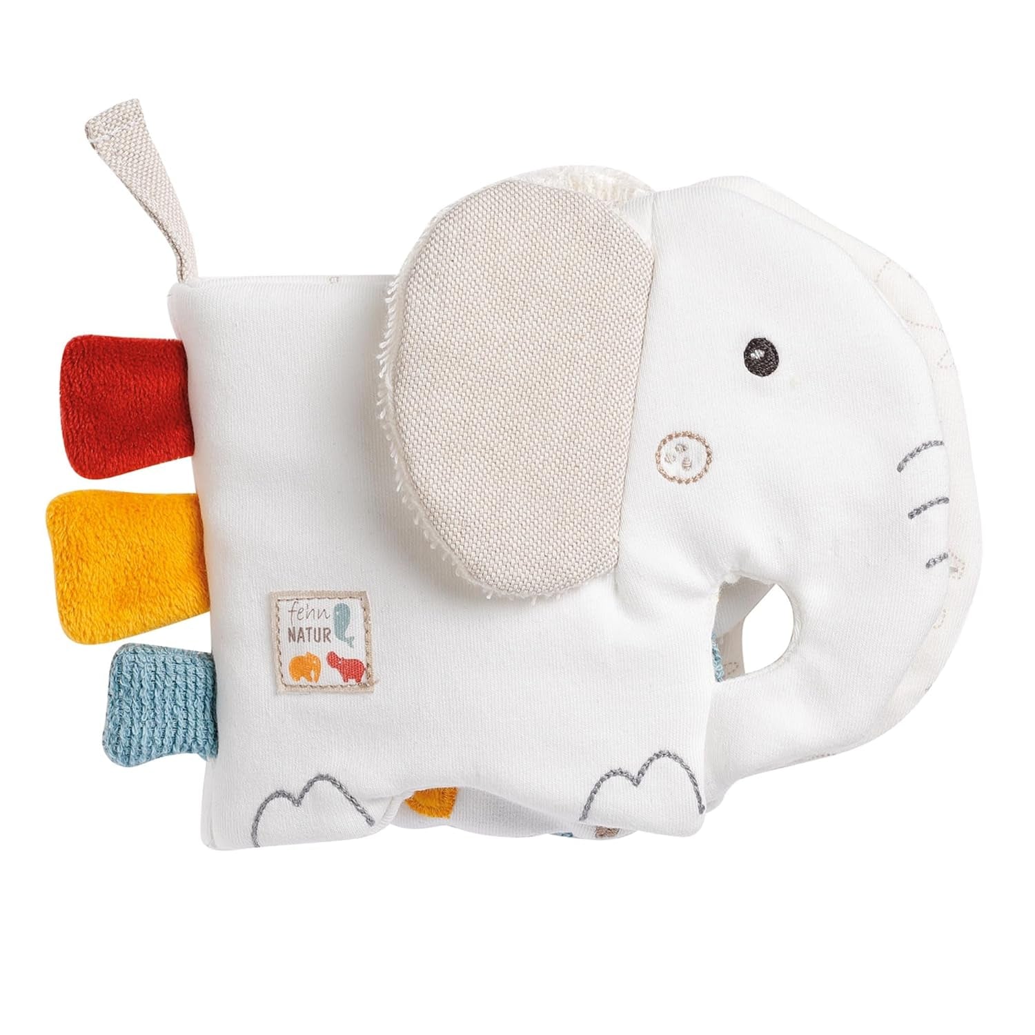 Fehn Soft-Bilderbuch Bruno – Softbuch für Babys aus Stoff mit Tiermotiven – Spielzeugbuch aus Stoff zum Aufhängen für Kinderwagen und Autositze für Babys – Buch mit Druckknöpfen für Babys und Kinder ab 0+ Monaten Babyspielzeug Naty Shop Elefant Natur