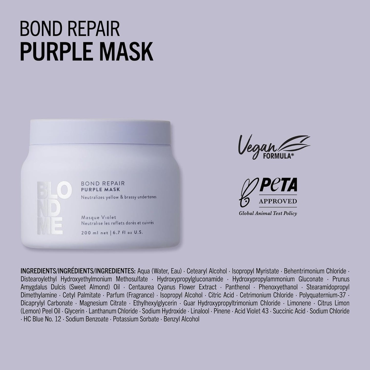 Schwarzkopf Professional BLONDME Bond Repair Purple Mask Maske für kühles Haar Neutralisiert Gelbtöne für gefärbtes, gebleichtes und helles Haar Tiefenpflegend und stärkend 200 ml Haarmaske Naty Shop