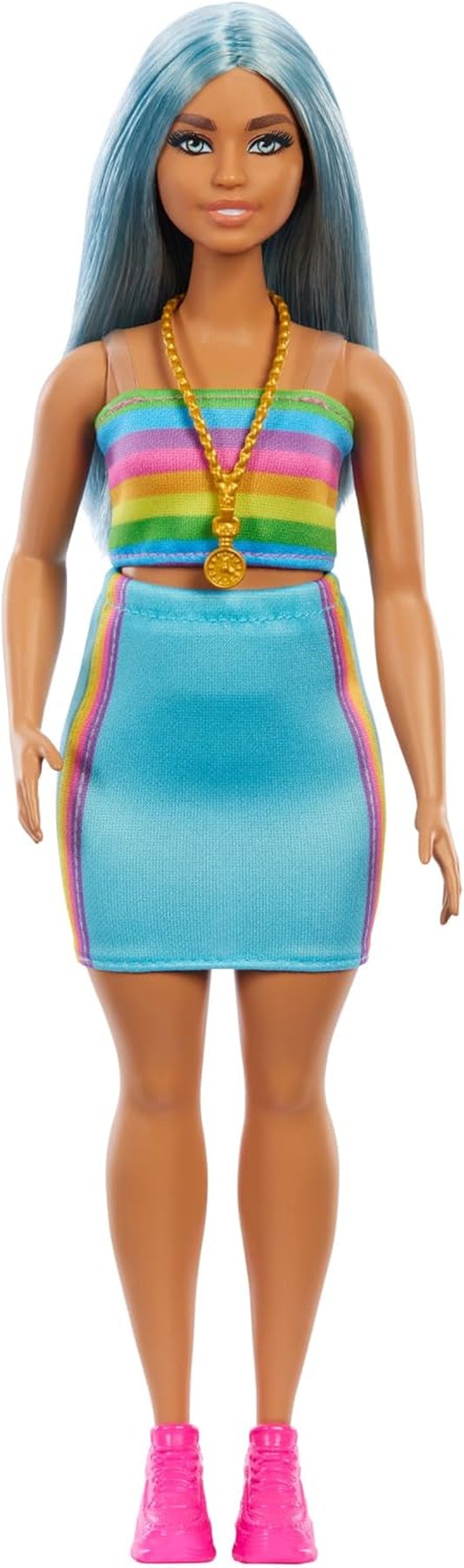 Barbie Fashionistas Puppe Nr. 218 mit langen blauen Haaren, Regenbogenbluse und türkisfarbenem Rock, Sammlermodepuppe zum 65-jährigen Jubiläum, HRH16