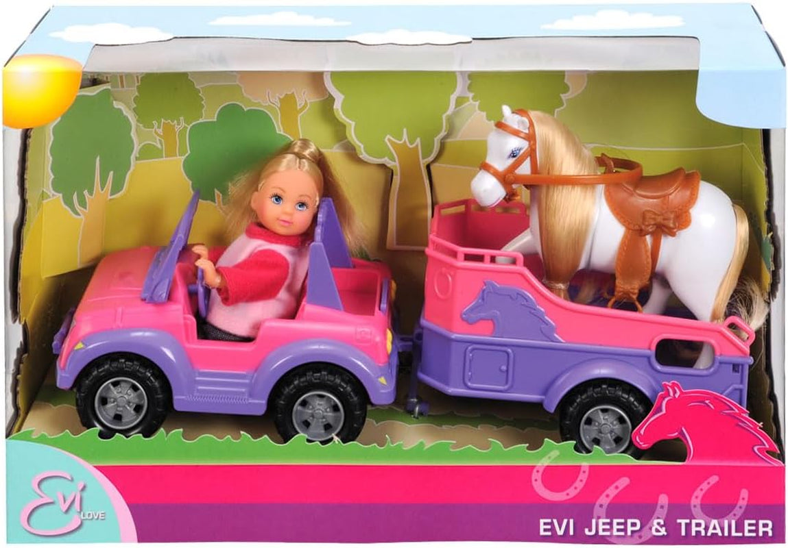Simba 105737460 – Evi Love Evi Pferdeanhänger mit rosa Jeep, lila Pferd und Pony-Anhänger, Anziehpuppe, 12 cm, ab 3 Jahren, Puppen Naty Shop Standardtitel