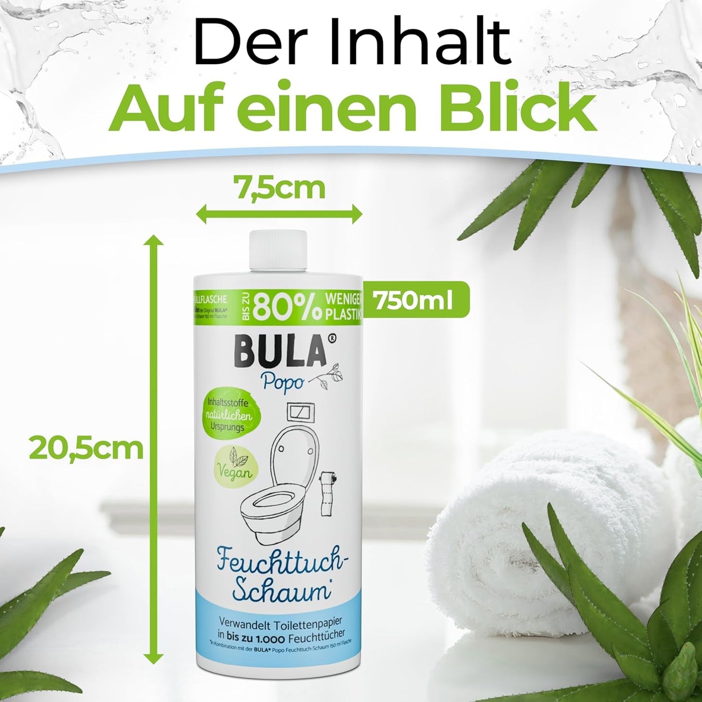 BULA® Popo Nachfüllflasche (750 ml) NUR ZUM NACHFÜLLEN unserer 150 ml- und 50 ml-Flaschen! | Ersetzt bis zu 1.000 Tücher! | Mit Inhaltsstoffen natürlichen Ursprungs