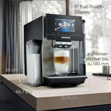 Siemens EQ700 Espressovollautomat, großer Farb-TFT-Bildschirm, 36 Heiß- und Kaltgetränke, Kaltbrühen, 2-Tassen-Funktion, App-Steuerung, automatisches Reinigungssystem, schwarzer Edelstahl, TQ717D03