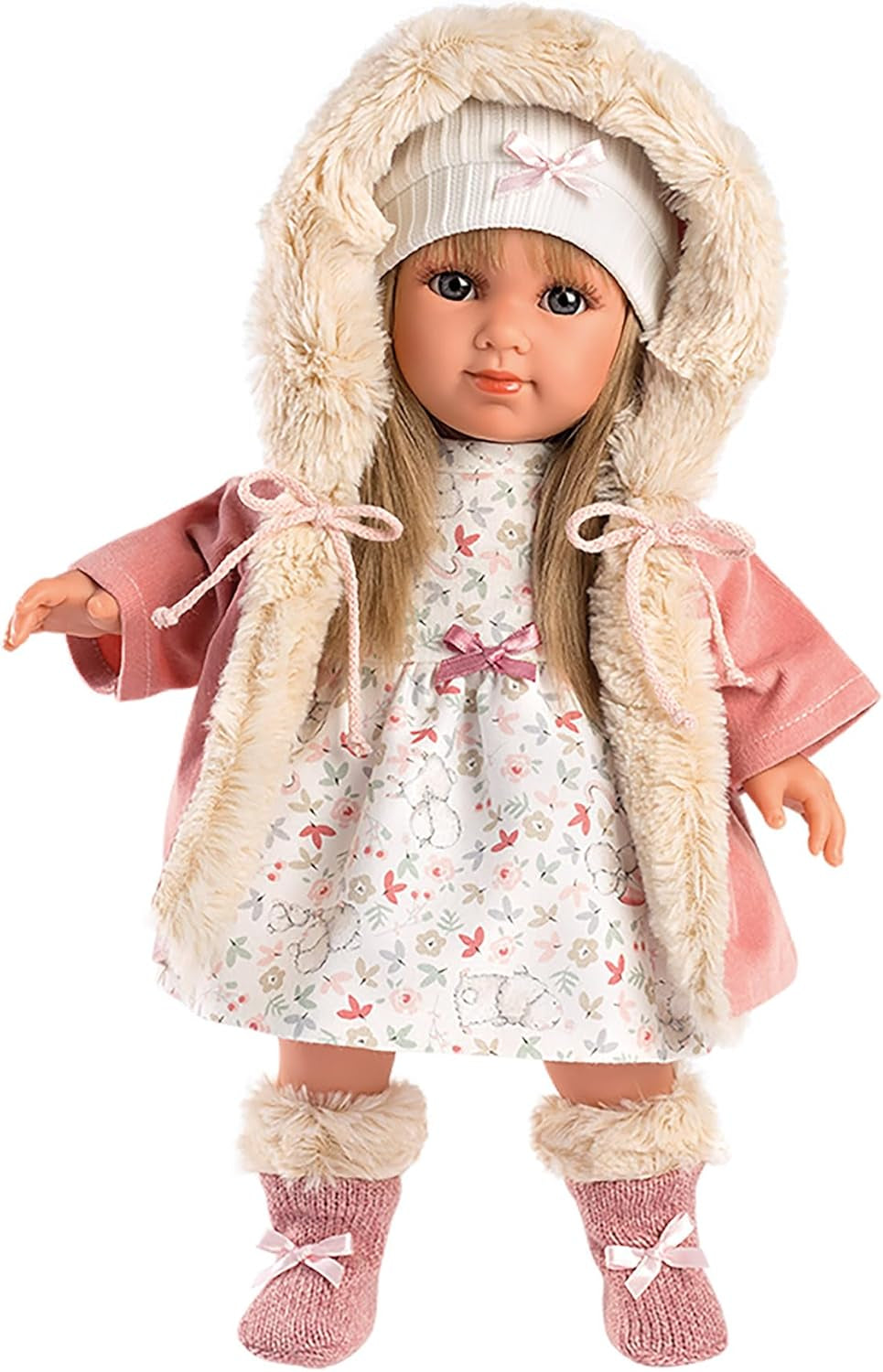 Llorens 1053541 Elena, blondes Haar, blaue Augen, modische Puppe mit weichem Körper, inklusive modischem Outfit und Kapuzenmantel, 35 cm