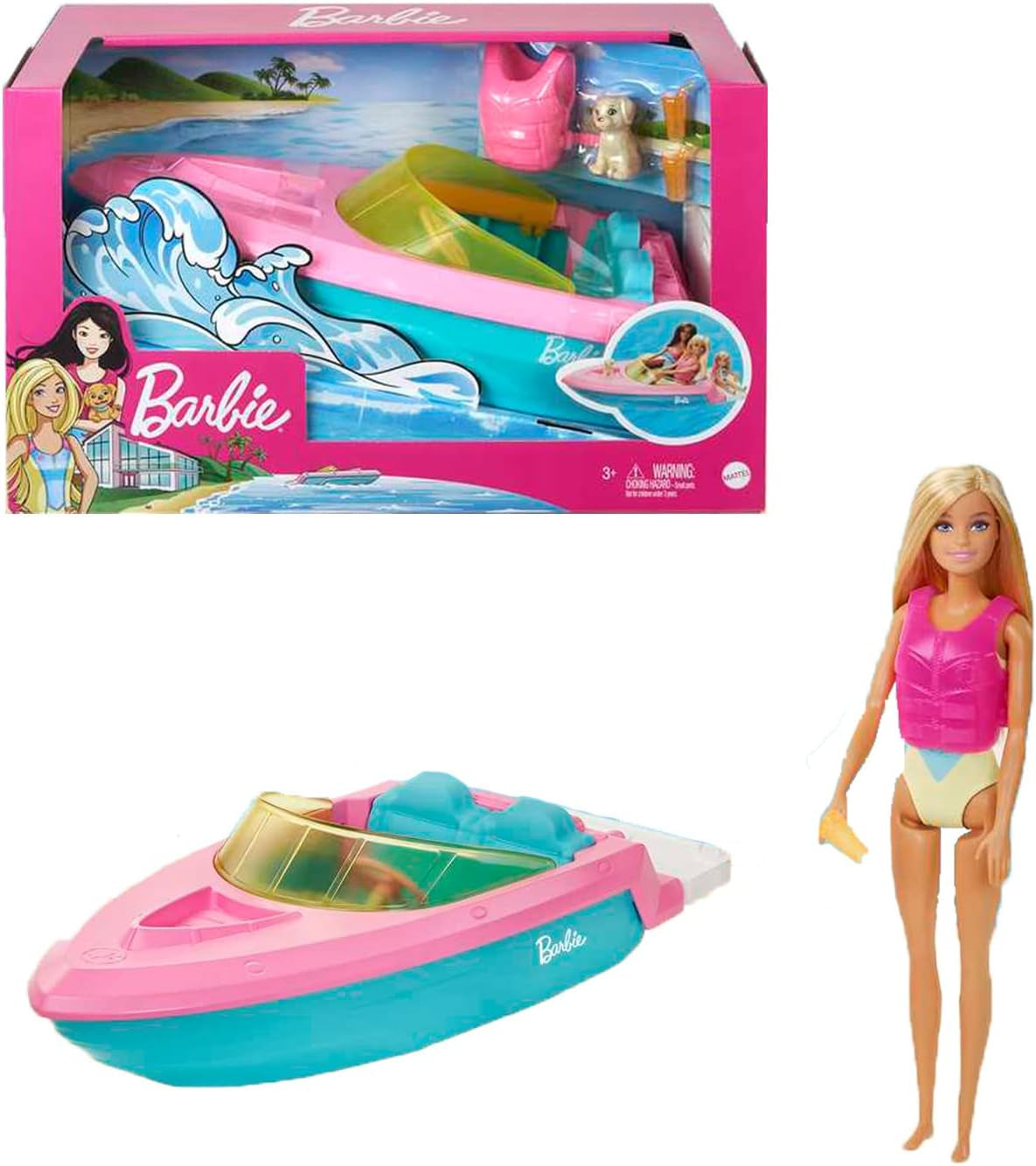 Barbie-Schnellboot-Set, Barbie-Puppe mit blonden Haaren, rosa Schwimmweste, Boot, Welpe, Zubehör, Geschenke für 3+, Grg30 Naty Shop Dolls Barbie-Schnellboot-Set