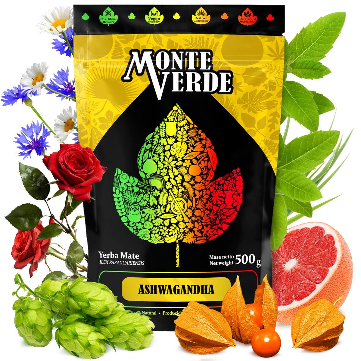 Yerba Mate-Tee mit Ashwagandha 500 g – brasilianischer Mate-Tee mit Ashwagandha und Heilkräutern – keine künstlichen Zusatzstoffe, natürliches Aroma | Loser Mate-Grüntee 0,5 kg mit Heilpflanzen