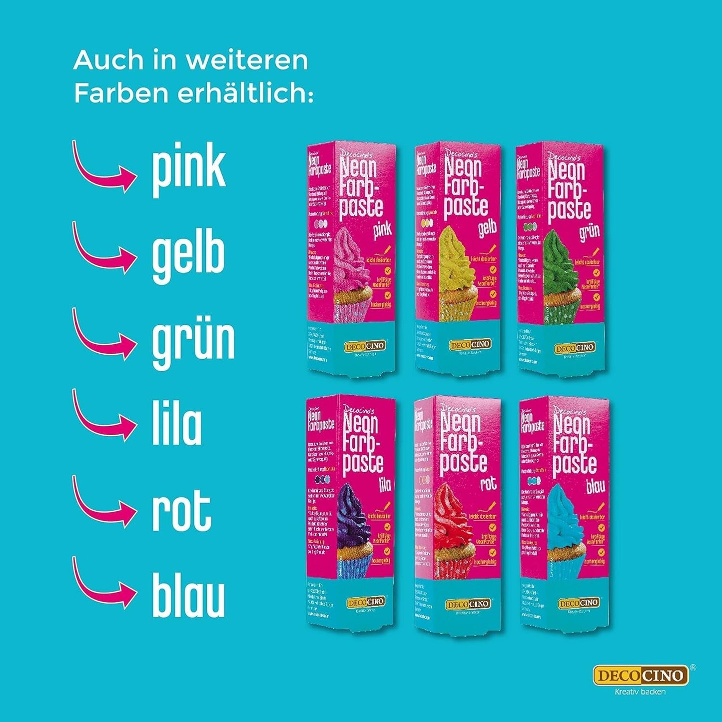 Decocino Neon-Lebensmittelfarben-Set – 3-teilig – Rot, Rosa, Lila – hochdosierte Lebensmittelfarbe – zum Einfärben von Kuchen, Muffins, Cupcakes – geschmacksneutral