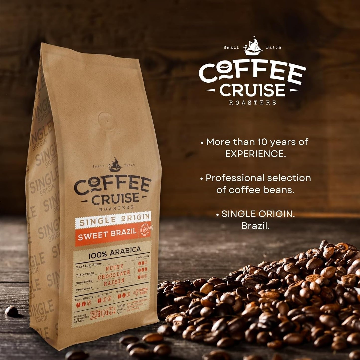 COFFEE CRUISE Sweet Brazil Brasilianische Kaffeebohnen 1kg - Mittlere Röstung - Aroma Kakao und Schokolade - Für alle Kaffeemaschinen - 100% Arabic