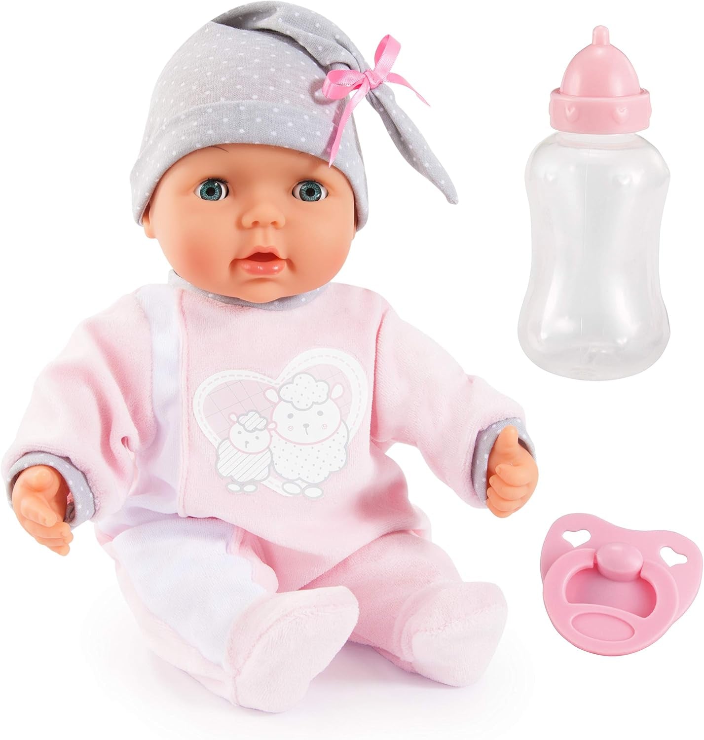 Bayer Design 93829AA My Piccolina interaktive Puppe mit Funktion, Sprechende Puppe, Beweglicher Mund, 38 cm, Schnuller, Babyflasche, Rosa, Grau