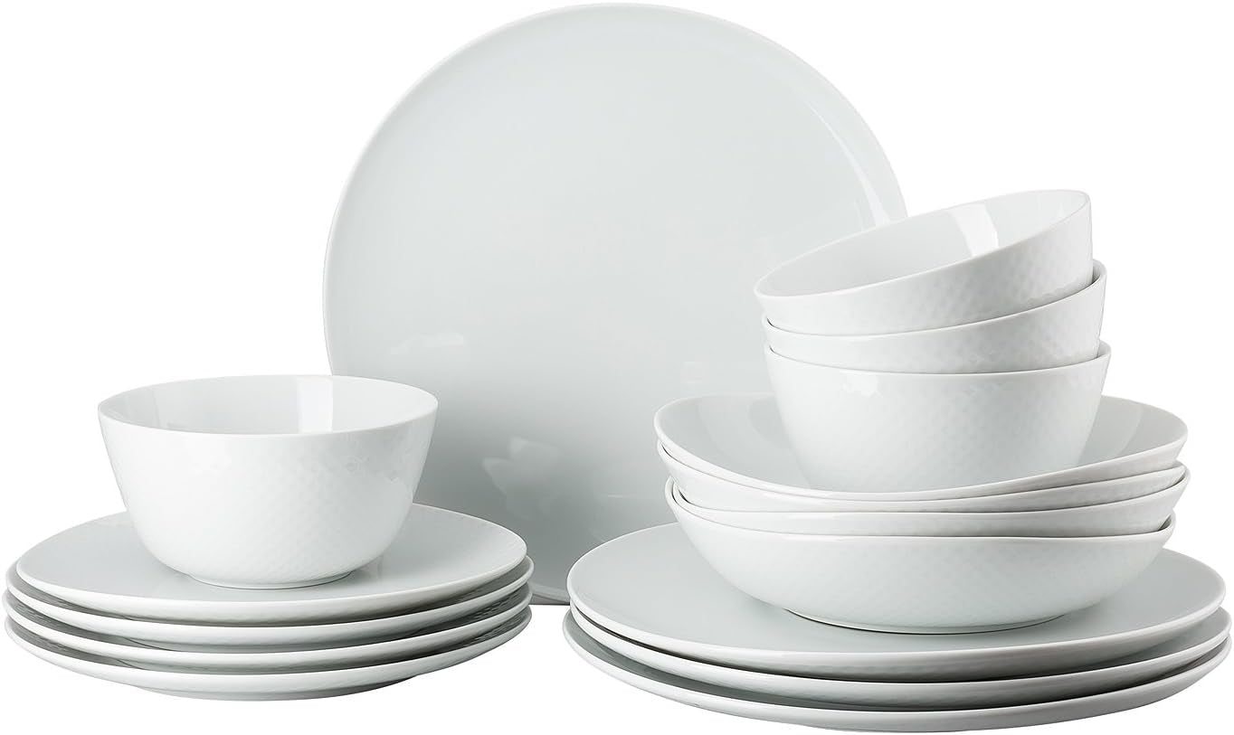Rosenthal Junto White Geschirrset, Porzellan, weiß, flache Teller, Speiseteller Ø 22 cm, Speiseteller Ø 21,5 cm und Müslischalen Ø 14 cm, 0,62 l, spülmaschinen- und mikrowellengeeignet, Set für 4 Personen