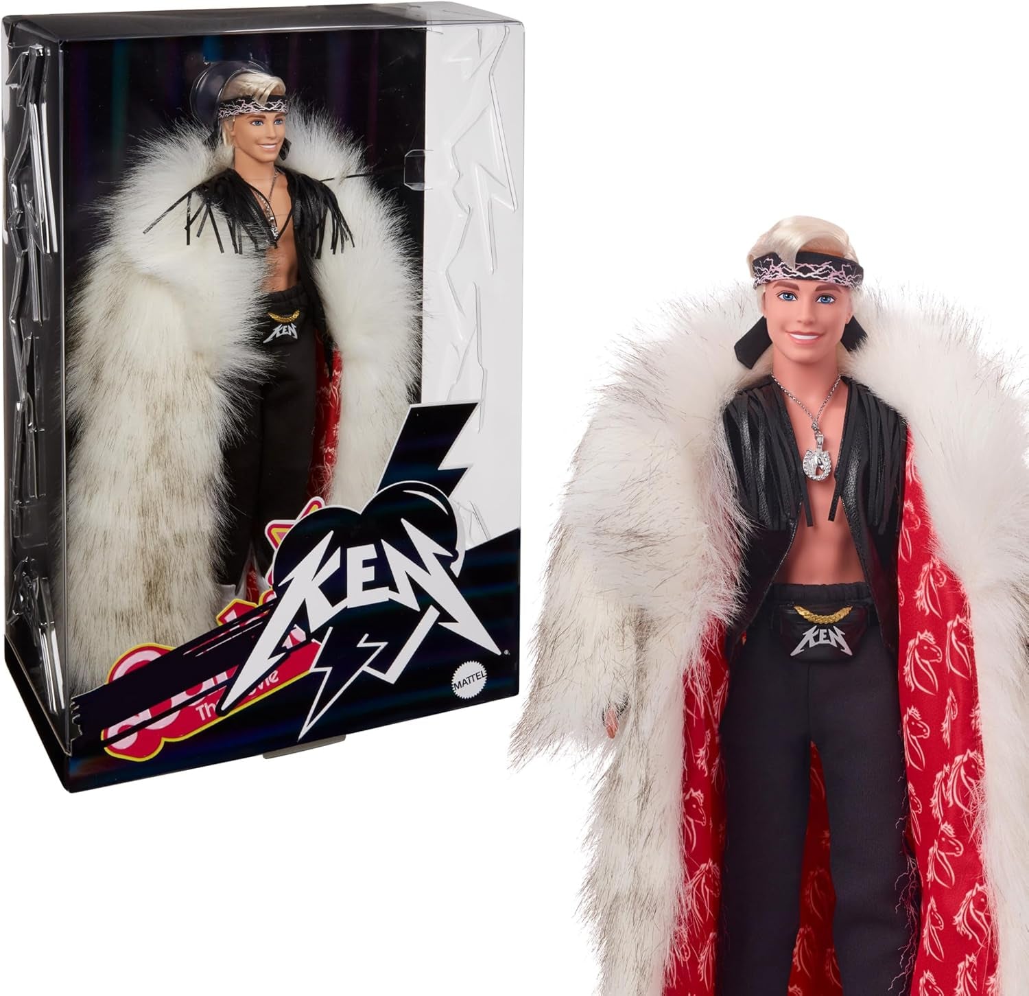 Barbie aus dem Film: Ken-Puppe zum Sammeln, trägt Kunstpelzmantel und schwarze Fransenweste mit Bandana, HRF31 Naty Shop Dolls Toy_Figure