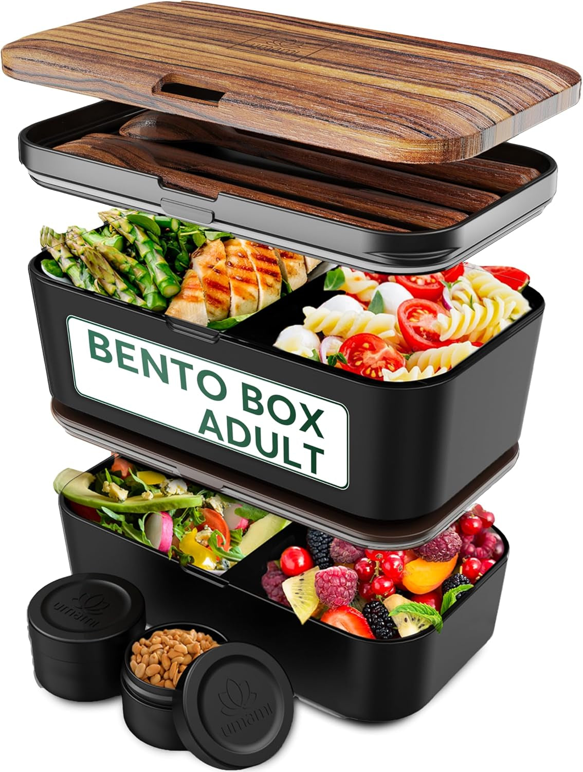 Umami Lunchbox für Erwachsene, 4 Besteckteile und Fächer, auslaufsichere stapelbare Bento-Box, Lunchbox für Erwachsene, To-go-Salatbehälter, Picknick-/Büro-Lunchbox, Anthrazitgrau, 1500 ml. Naty Shop Lebensmittelaufbewahrungsboxen Black Wenge – 1500 ml ineinander stapelbar L – 1500 ml ineinander stapelbar