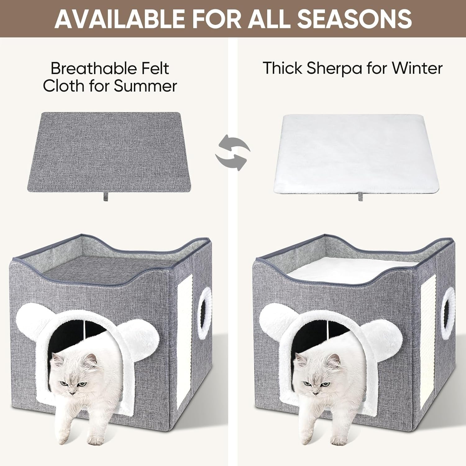 Katzenbetten für Indoor Katzen, Faltbares Katzenhaus, Katzenhöhle 2 Schicht Würfel Großer Raum Katzenbett mit Kratzbrett und Spielball, 15,8 x 15,8 x 15 Zoll