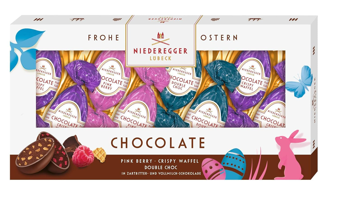 Niederegger | Schokoladeneier | 1 x 100g | Schokoladeneier mit Aromen von rosa Beeren, knusprigen Waffeln und doppelter Schokolade | Überzogen mit dunkler und Milchschokolade | Ostergeschenk | Schokoladeneier