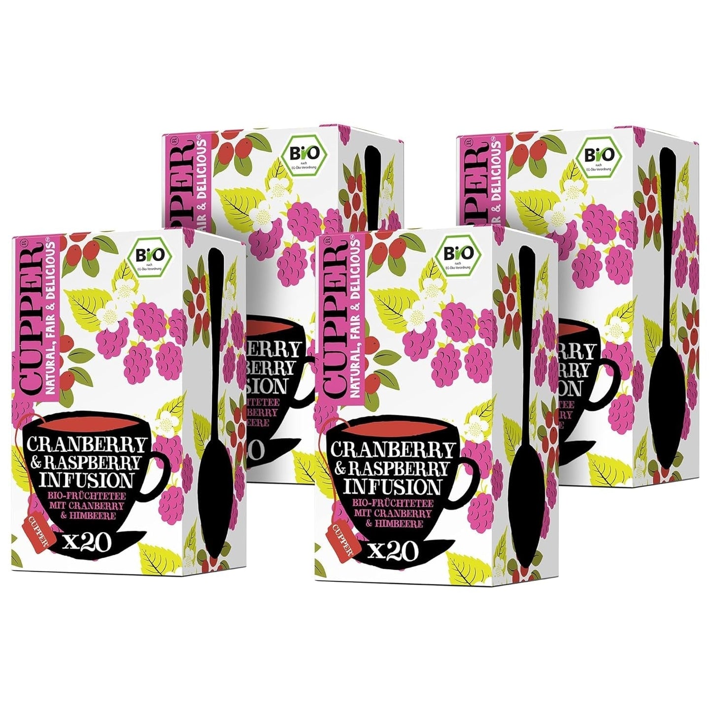 4Er Pack CUPPER Bio-Früchtetee „Cranberry & Raspberry Infusion“, 4X20 nicht-weiße Teebeutel, Bio, Fair Trade