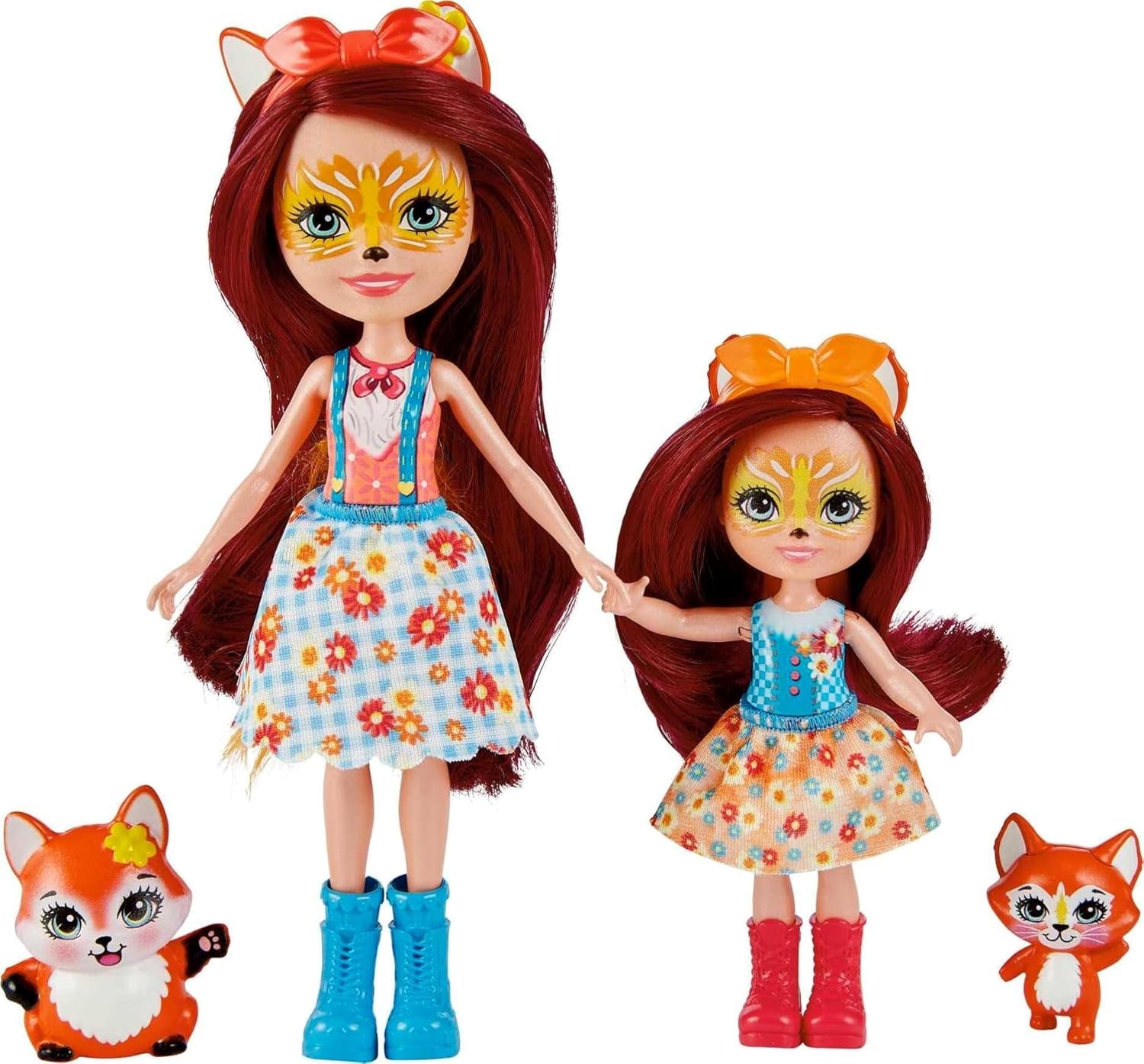 Enchantimals HCF81 – Felicity Fox und ihre kleine Schwester (ca. 15 cm und ca. 10 cm) und 2 Tierfiguren, abnehmbarer Rock und Accessoires, tolles Geschenk für Kinder ab 3 Jahren