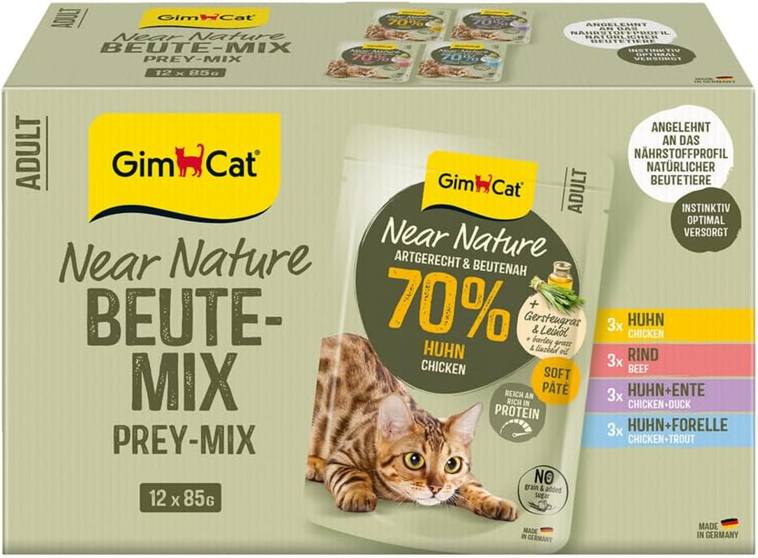 GimCat Near Nature Trial Mix 12er Pack – getreidefreies Nassfutter für Katzen ab 7 Monaten mit artgerechter und beutespezifischer Rezeptur – 12 Beutel (12 x 85 g)