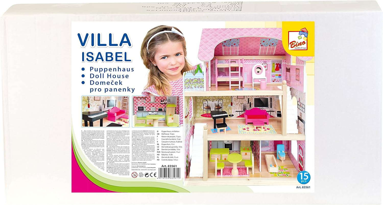 Bino World of Toys Puppenhaus mit Balkon, Spielzeug für Kleinkinder ab 3 Jahren, mit 3 Etagen, Treppen, 4 Zimmern und Balkon inkl. 15-TLG. Zubehör, Zur Förderung der Fähigkeiten von Kindern, Puppenhäuser im rosa Design von Naty Shop