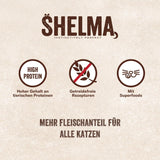 Shelma Nassfutter für Katzen mit Huhn in Tomaten-Kräuter-Sauce – getreidefreies Vollfutter mit hohem Fleischanteil – 28 x 85 g (2,38 kg)