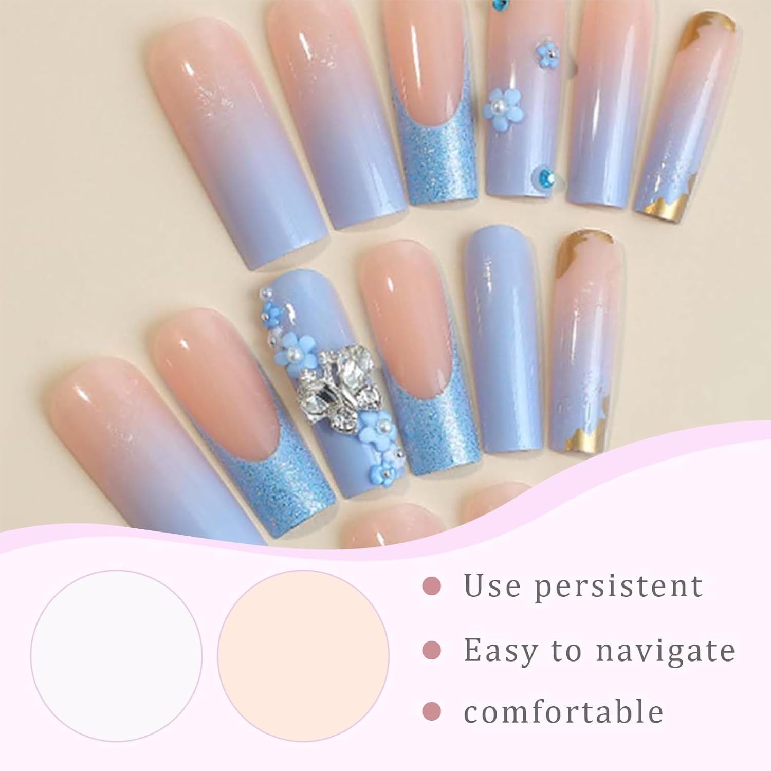 24 Stück Schmetterlingsblaue künstliche Nägel, quadratisch, zum Aufdrücken, französische lange, glitzernde, glitzernde Strass-Falschnagelspitzen