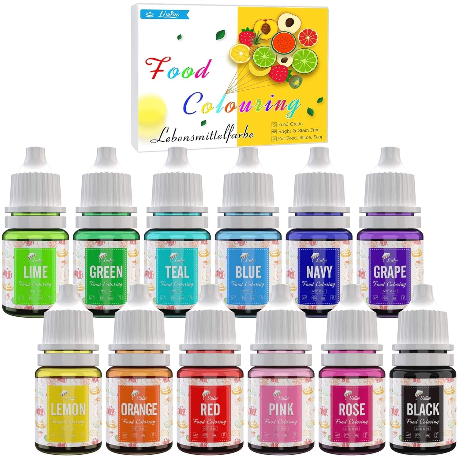 Lebensmittelfarbe in 12 Farben – flüssige Lebensmittelfarbe zum Backen von Kuchen, Keksen, Makronen, Fondant – lebendige Lebensmittelfarbe zum Dekorieren und Kochen, Airbrushen, DIY-Seifen – je 6 ml