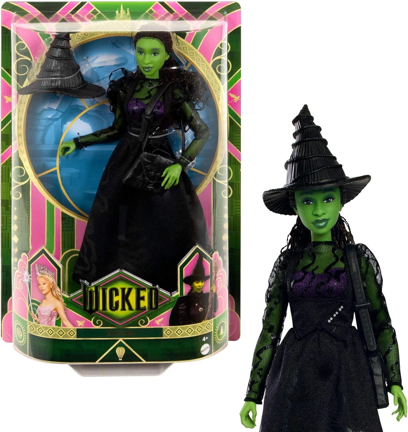 Mattel Wicked Elphaba Modepuppe und Zubehör mit grüner Haut, schwarzem geflochtenem Haar, verschiedenen möglichen Posen und abnehmbarem Ballkleid-Aussehen, HXT62, [Mehrfarbig]