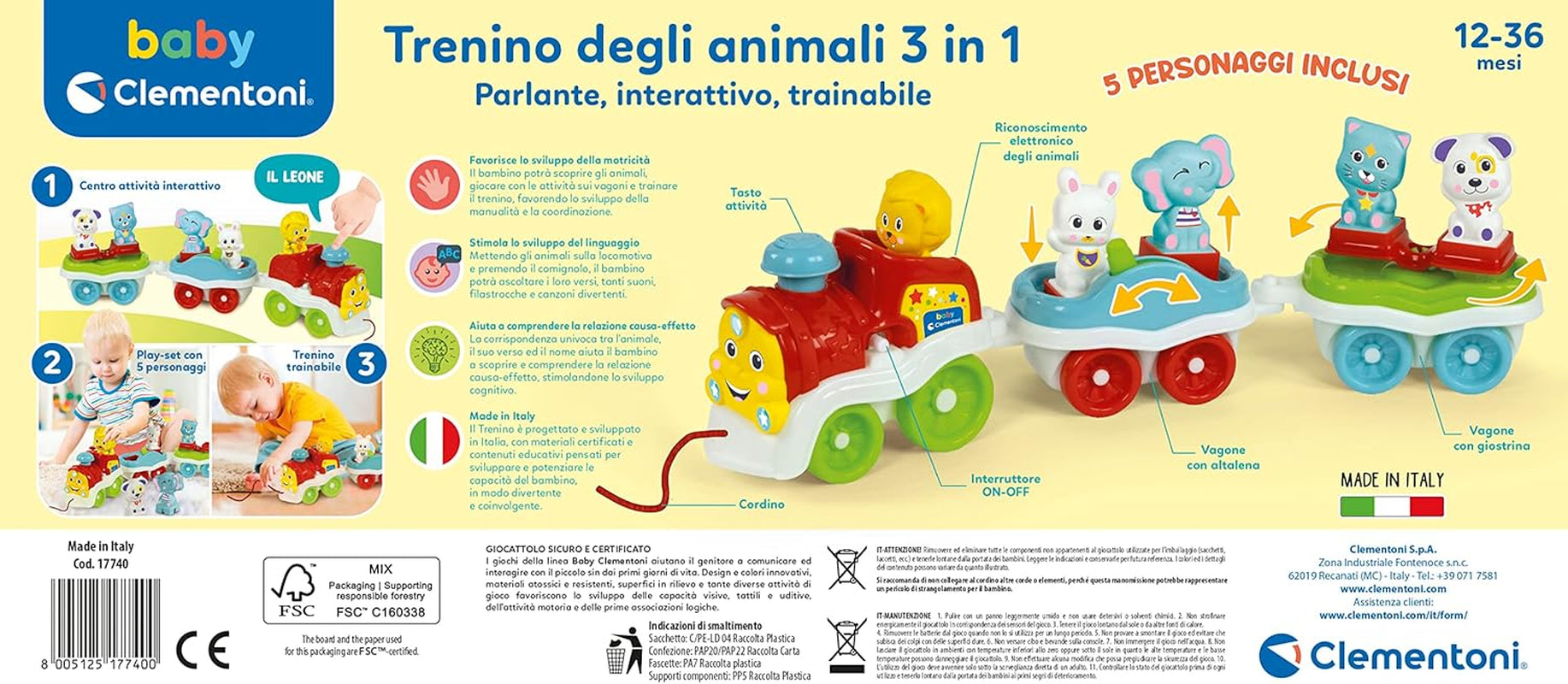 Clementoni Animali-3, sprechendes, interaktives, erweiterbares elektrisches Zugspielzeug für 1-jährige Babys (italienische Version), hergestellt in Italien, mehrfarbig, 17740 Jucarii Bebe Naty Shop
