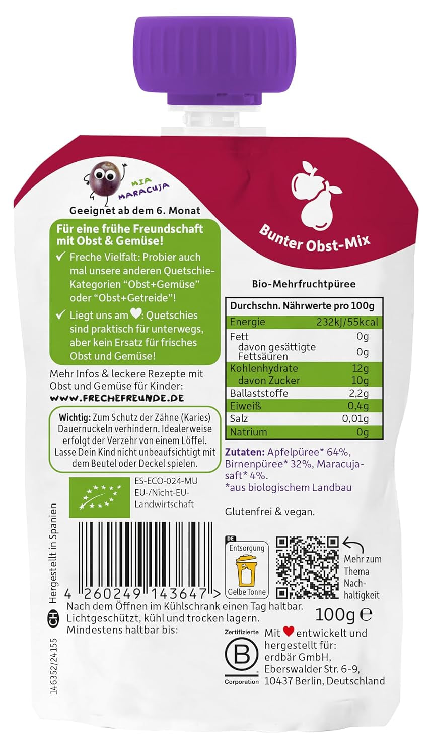 FRECHE FREUNDE Bio Quetschie Apfel, Birne & Maracuja, Fruchtmus mit Obst im Quetschbeutel für Babys ab dem 6. Monat, vegan, 6er Pack (6 x 100g)