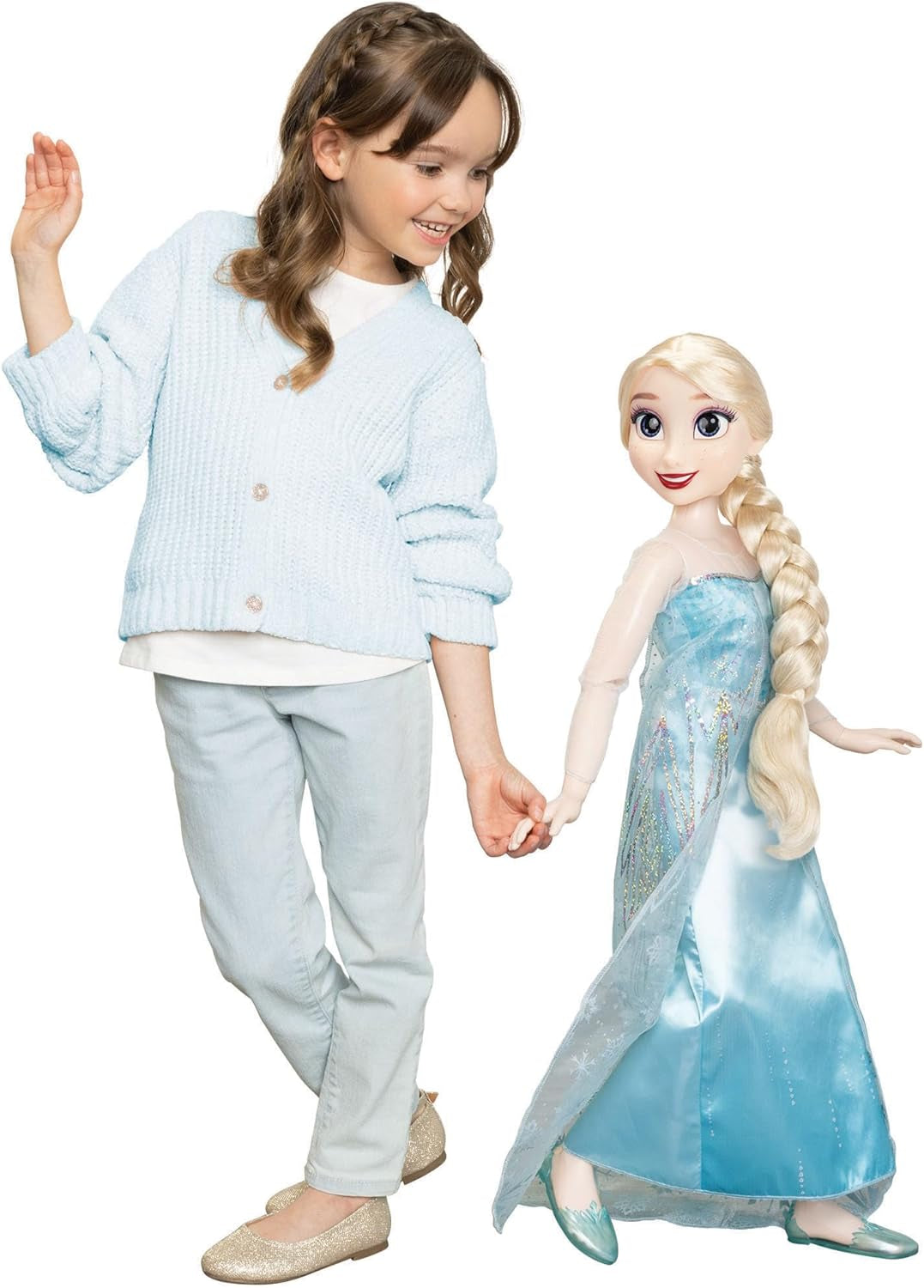 Disney Frozen Playdate Elsa Riesenpuppe 80 cm von Jakks Pacific Voll bewegliche Puppe mit 11 Gelenkpunkten, inklusive Haarbürste und Zubehör