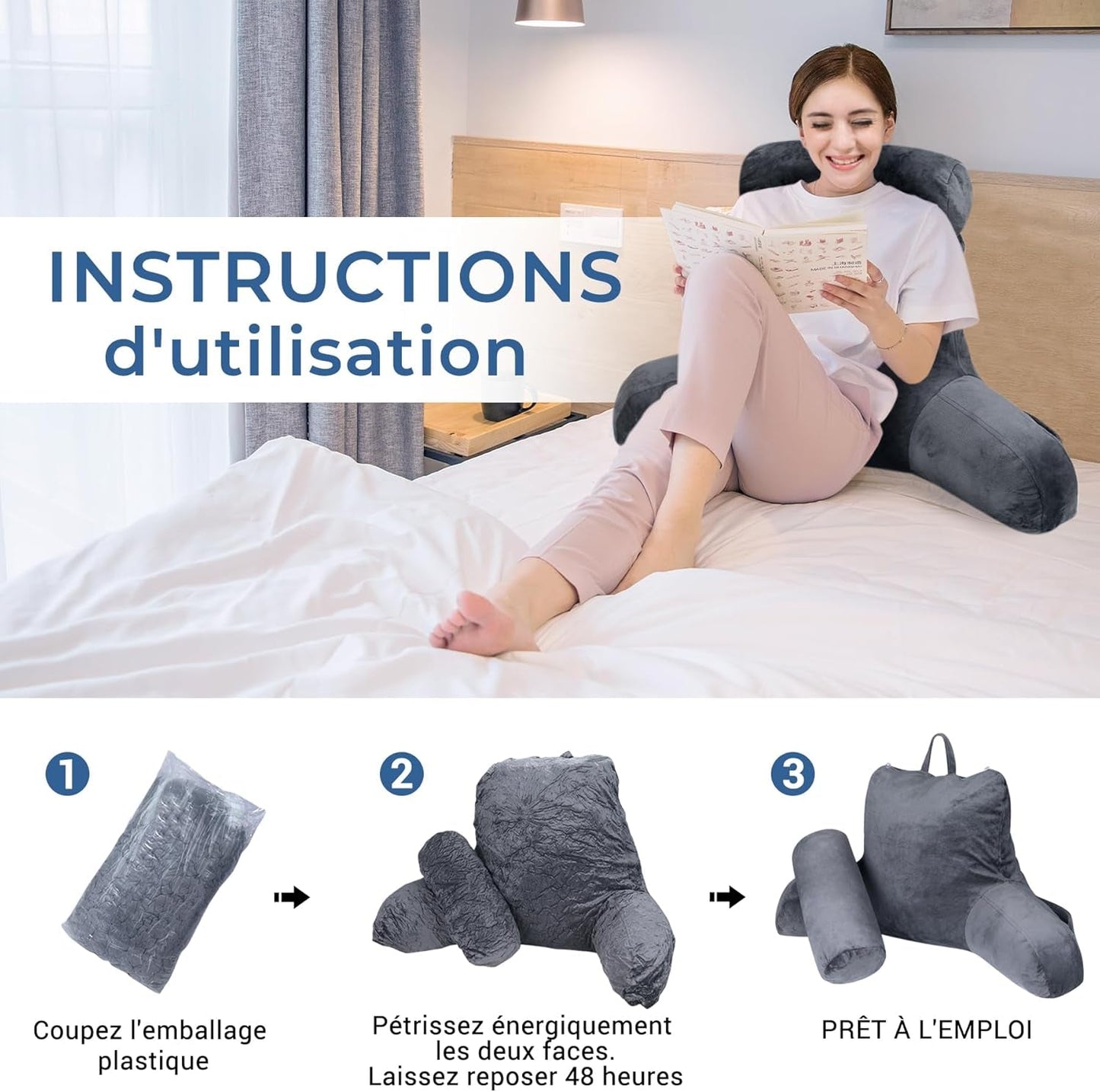 INFANZIA Ergonomisches Lesekissen mit Armlehnen, Memory-Schaum-Rückenstütze, Grau, M