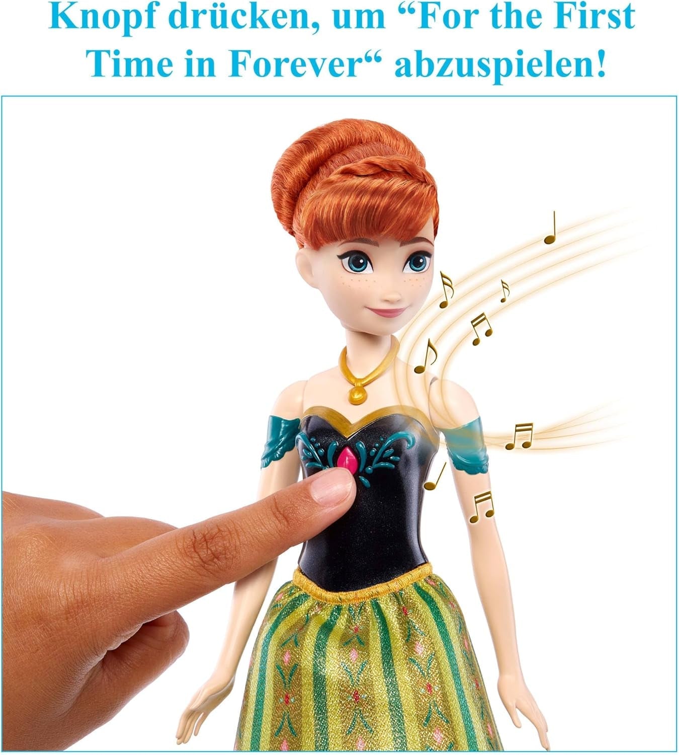 Mattel Toys Disney Frozen Anna Singende Modepuppe im ikonischen Outfit singt „Zum ersten Mal“ aus dem Disney-Film in Englisch, Französisch, Deutsch, Italienisch, JDL59