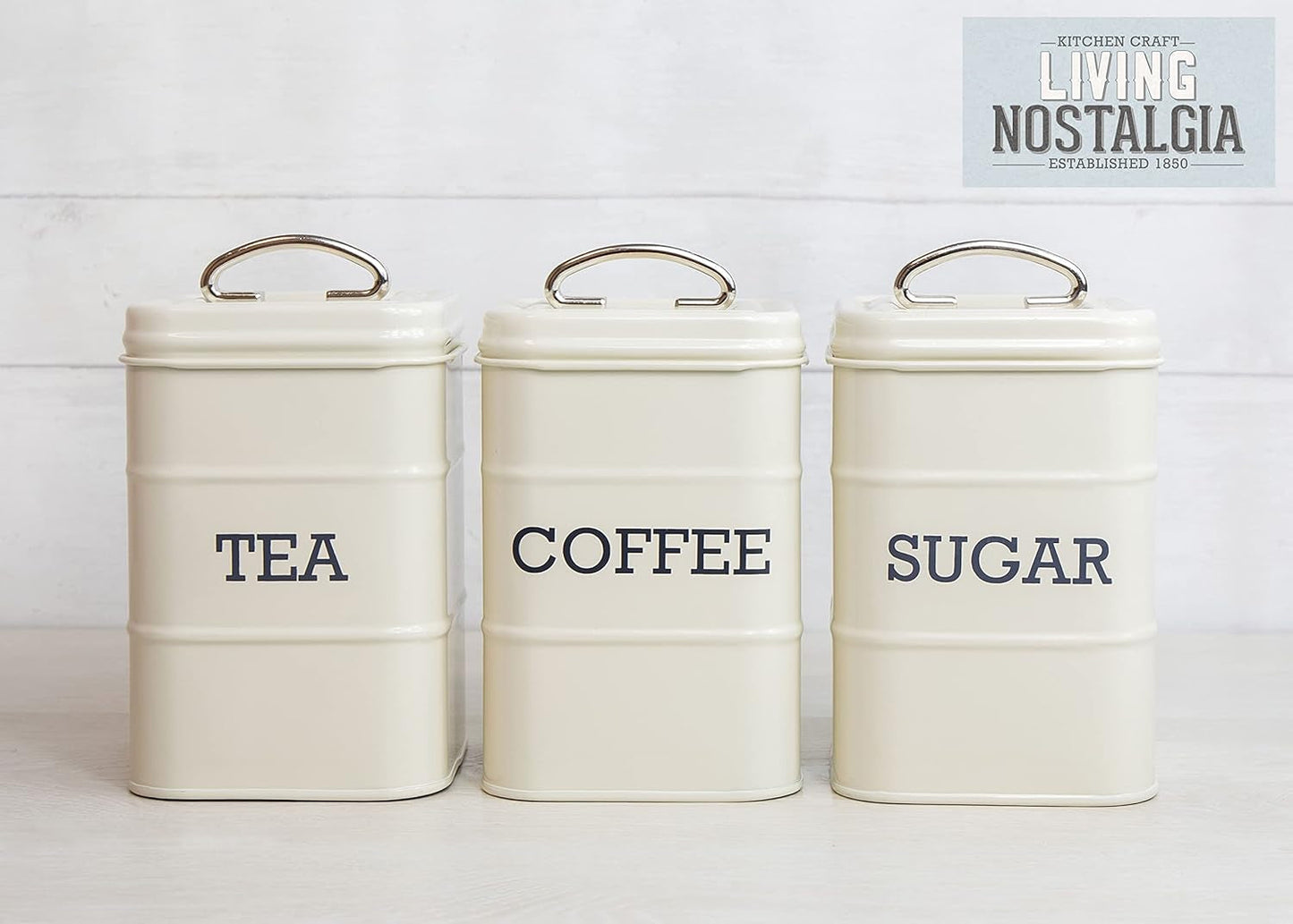 KitchenCraft Living Nostalgia Set mit 3 Vorratsdosen für Tee, Zucker und Kaffee in Geschenkbox, Stahl, Antikcreme, 11 cm x 11 cm x 17 cm, Vintage-Blau. Aufbewahrungsboxen für Lebensmittel von Naty Shop