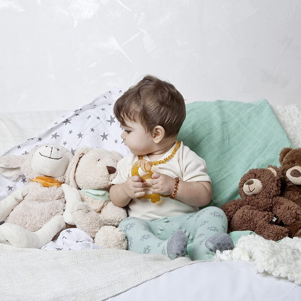 Bio-Naturkautschuk-Baby-Beißring, Massagegummi, BPA-frei, weich, fördert die Feinmotorik, Dinosaurier-Design (639-V1). Fingerzahnbürste aus Naturkautschuk