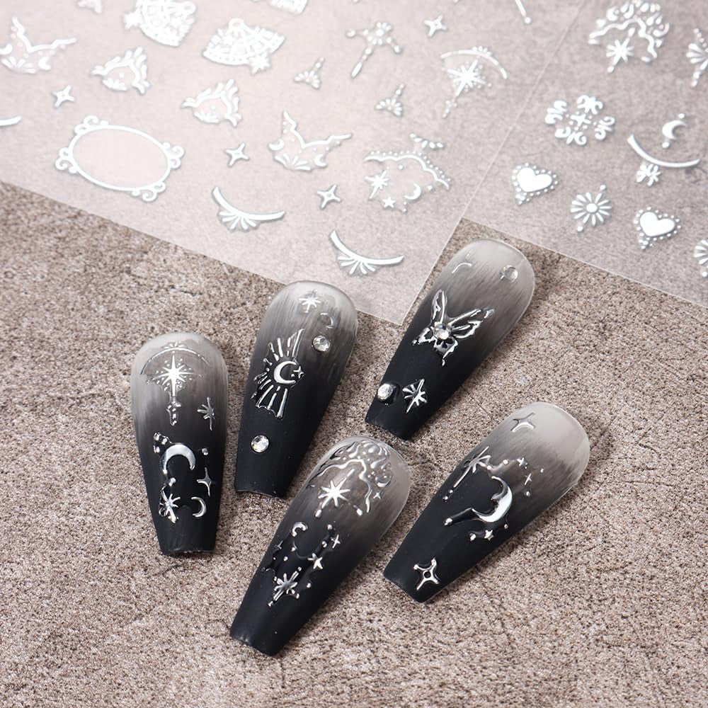 3D-Nagelaufkleber, silberfarben, metallisch, Nagelaufkleber für Frauen, Stern, Mond, Sonne, Nagelfolie, selbstklebende Aufkleber, Schmetterlings-Nagelaufkleber, Nagelaufkleber, Nageldesign-Zubehör, 8 Stück
