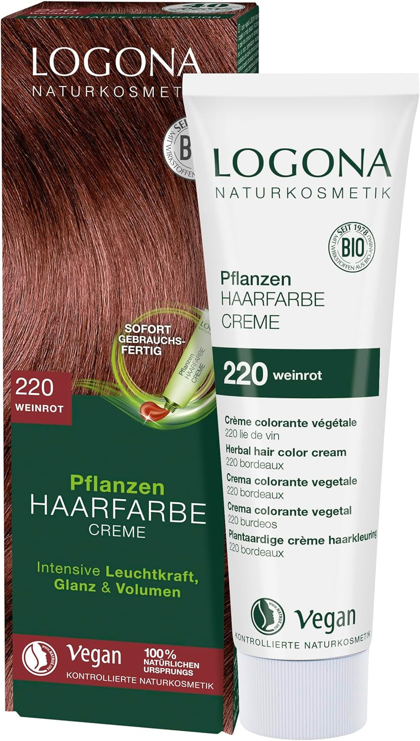 LOGONA Naturkosmetik Pflanzenhaarfarbe Creme 240 Nougatbraun, Natürliche Henna-Braunhaarfarbe Creme, Brauntöne Farbcreme, Dunkle Haarfarbe, 150ml Naty Shop Haarfarbe 220 Weinrot [Tizian]