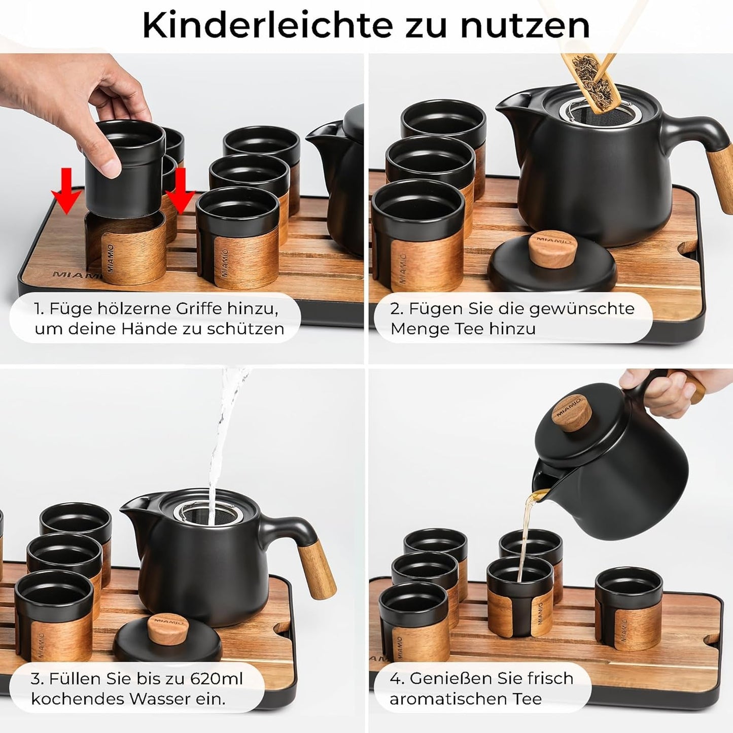 MIAMIO – Japanisches/chinesisches Tee-Set 6 x 100 ml/asiatische Teekanne 620 ml mit Tee-Ei, traditionelles japanisches Teekannen-Set für Teeliebhaber/Männer/Frauen (schwarz)