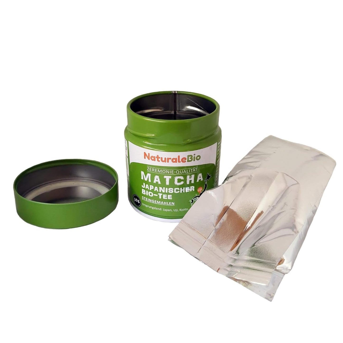 Naturalebio Matcha-Teepulver in zeremonieller Qualität. Original grüner Tee aus Japan. Matcha-Grüntee-Pulver in Zeremonienqualität, hergestellt in Uji, Kyoto. Ideal zum Trinken, Kochen und für Latte Macchiato. Schachtel mit 30 g.