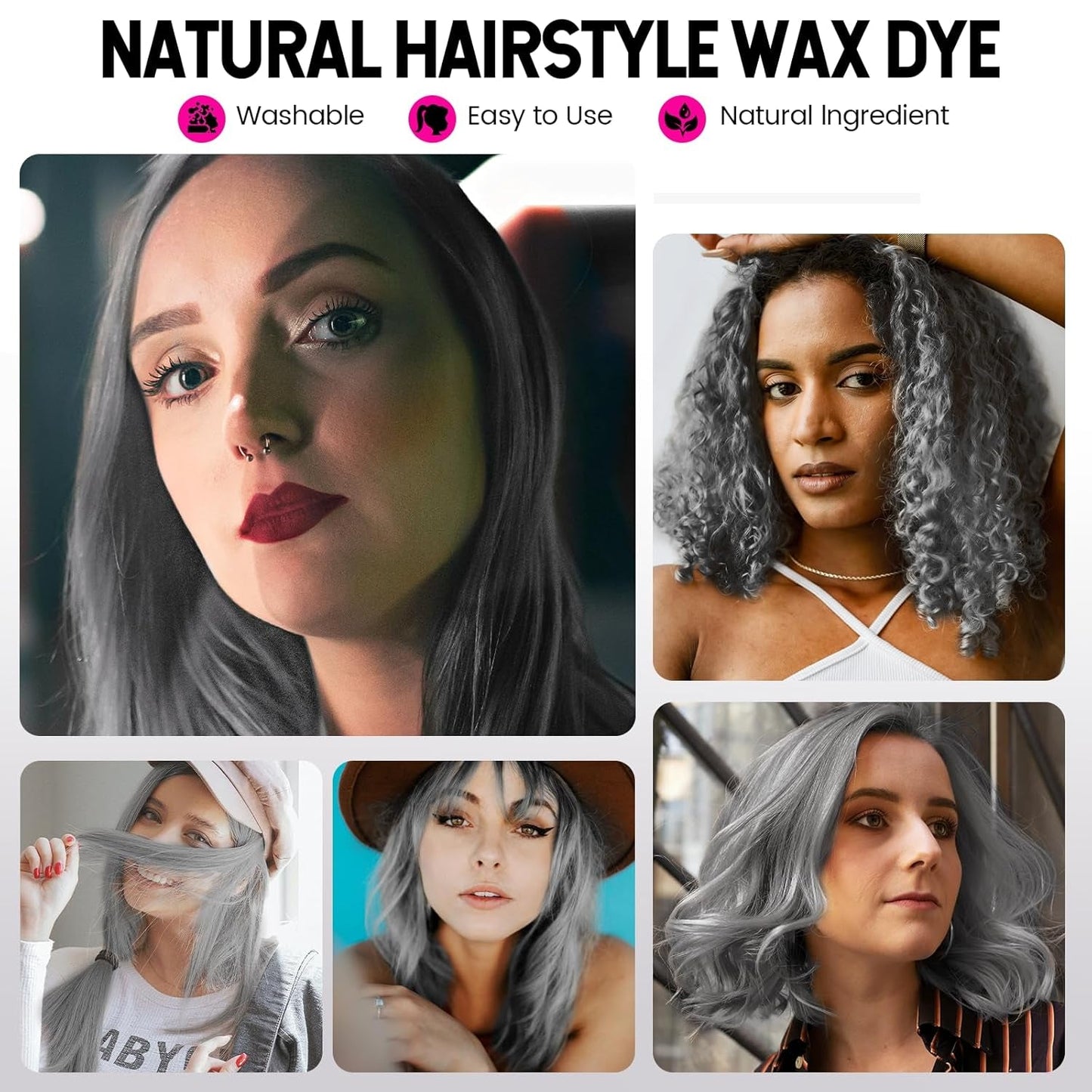 Temporäre Haarfarbe, Styling-Haarton für Männer und Frauen, natürliche Haarpomade, Haarfärbewachs für Party, Cosplay und Halloween, 4,23 oz (Silbergrau) Naty Shop Haarfärbemittel