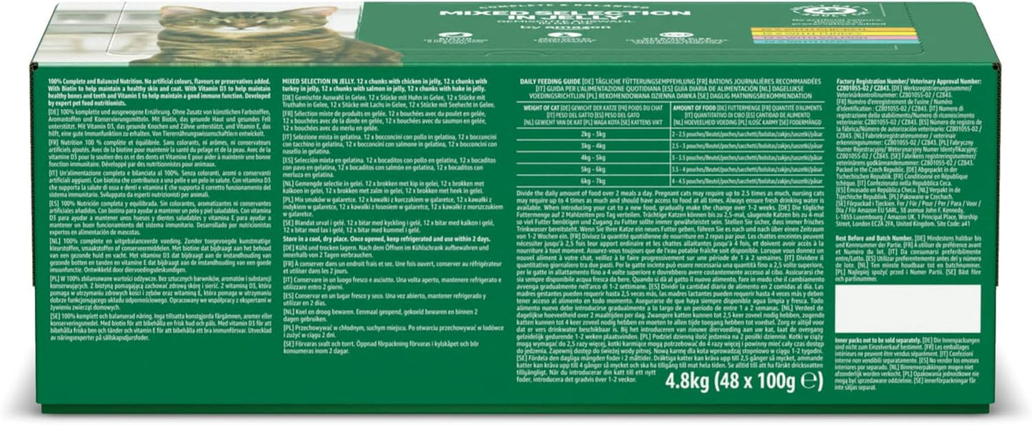 Amazon getreidefreies Nassfutter für ausgewachsene Katzen, gemischte Auswahl in Gelee, 4,8 kg (48 Packungen à 100 g)