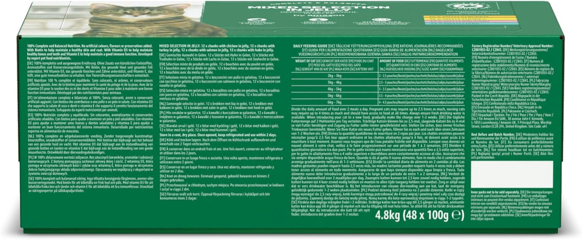 Amazon getreidefreies Nassfutter für ausgewachsene Katzen, gemischte Auswahl in Gelee, 4,8 kg (48 Packungen à 100 g)