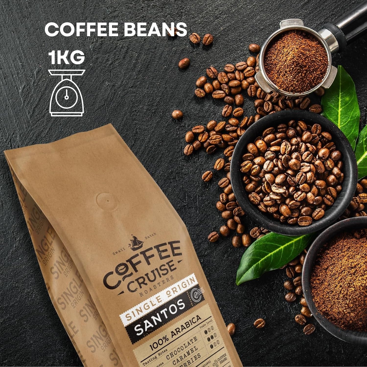 COFFEE CRUISE Santos Kaffeebohnen 1kg – Mittlere Röstung – Aroma Karamell – Für alle Kaffeemaschinen – 100 % arabisch