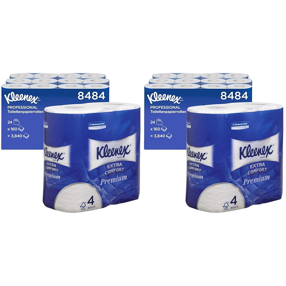 Kleenex Premium Toilettenpapierrollen 8484, Toilettenpapier 24 Rollen x 160 Puffblätter, 4-lagiges Toilettenpapier, 100 % reine Faser, hochwertig, reißfest und weich (2er-Pack)