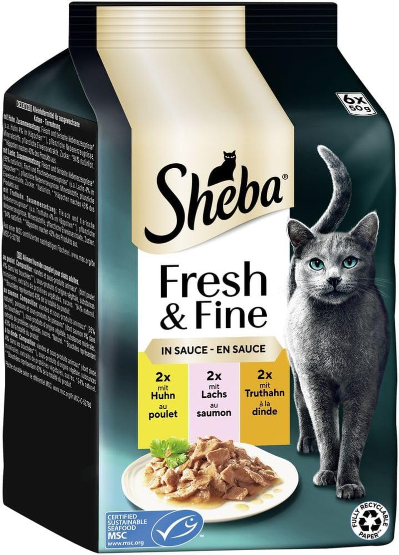 Sheba Portionsbeutel Nassfutter für Katzen, Multipack Fresh & Fine in Soße mit MSC-Huhn und Lachs, 6x6x50g - Feine Mahlzeiten für Katzen in Soße