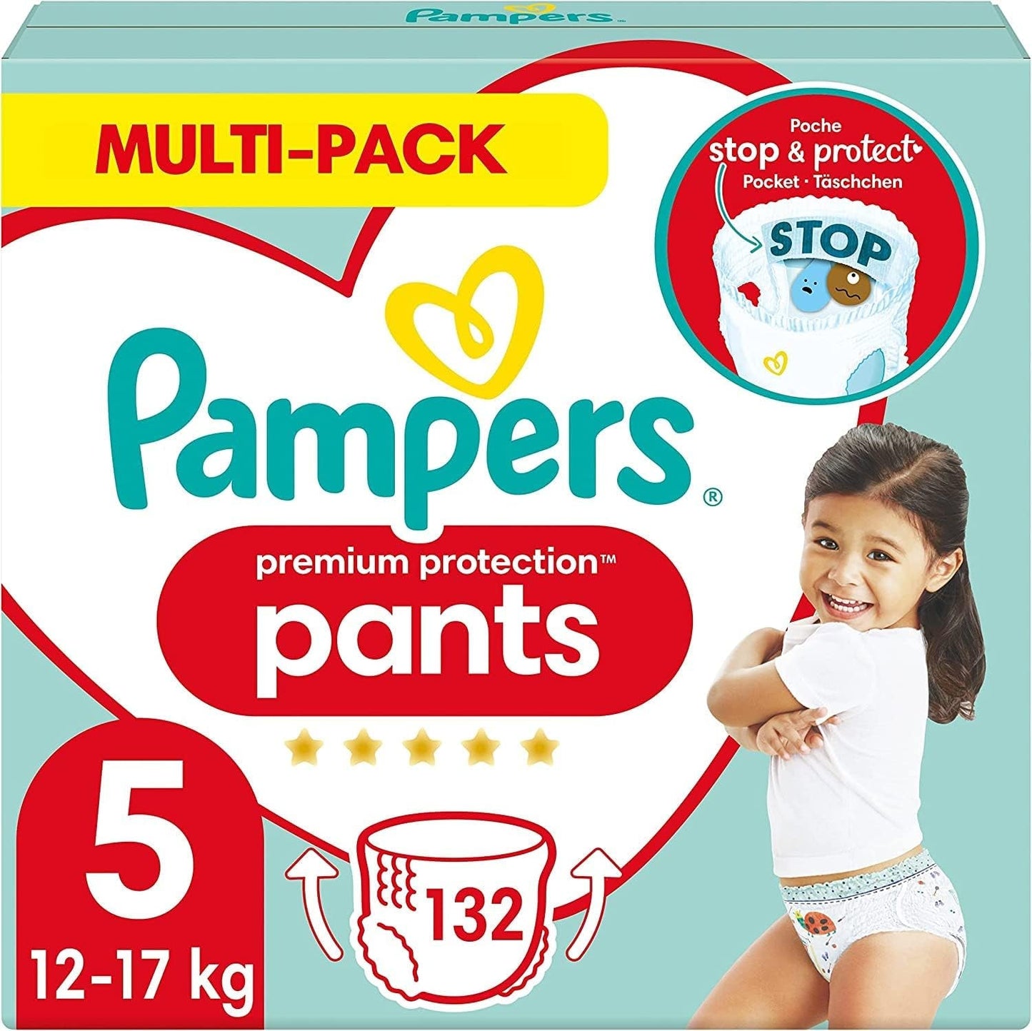 Pampers Premium Protection Pants Größe 5, 144 Windeln, 11 kg – 17 kg, mit 360°-Anpassung und weichen Anti-Leck-Bündchen für optimalen Komfort und Schutz