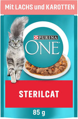 PURINA ONE STERILCAT Nassfutter für Katzen, zarte Stücke in Soße für sterilisierte Katzen, mit Lachs, 26er Pack (26 x 85g)