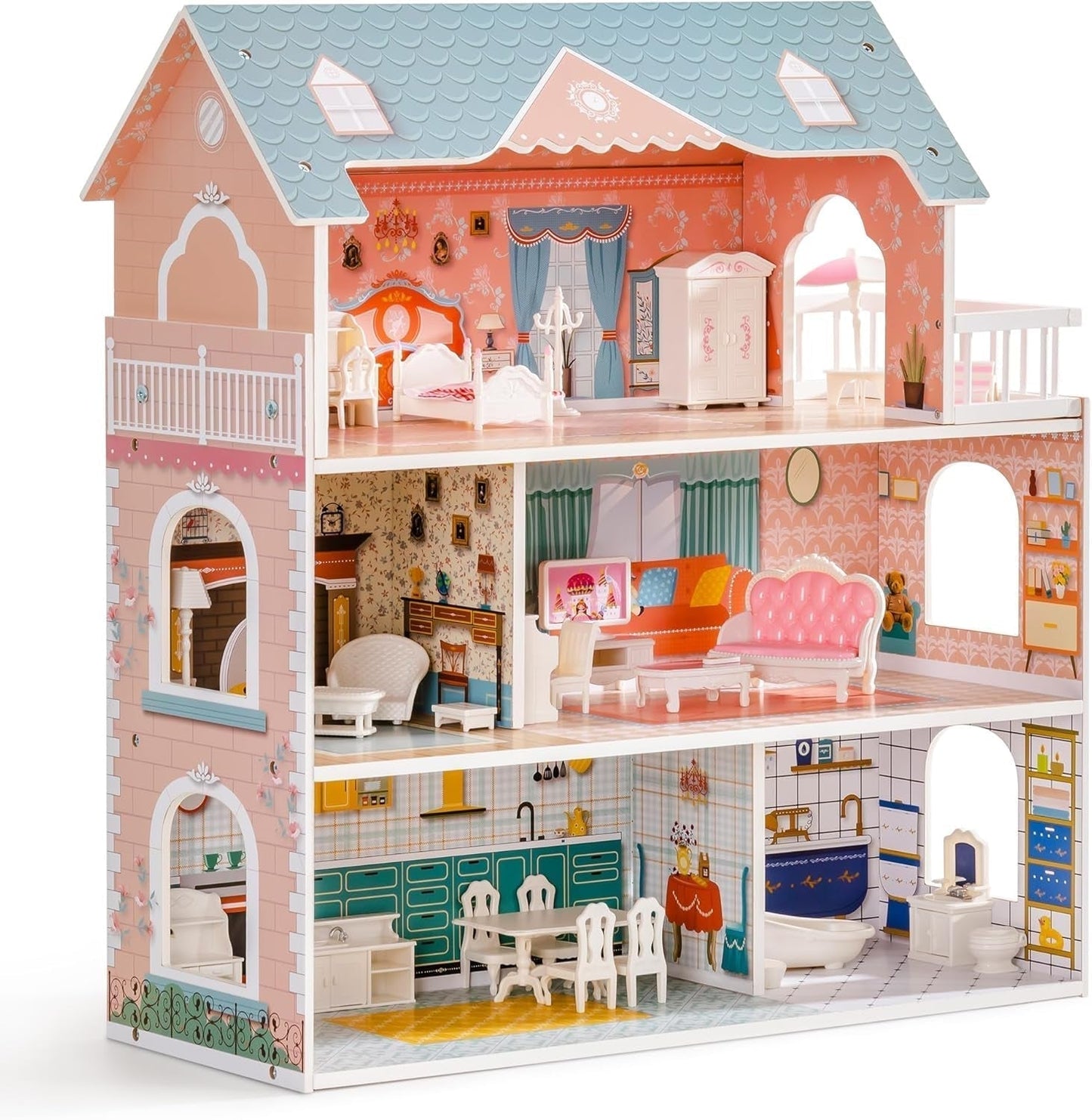 Puppenhaus aus Holz mit Möbeln und Zubehör, Spielhaus für Mädchen, Kinder, Spielzimmer, Spielzeug, Puppenhäuser, Naty Shop, Standardtitel