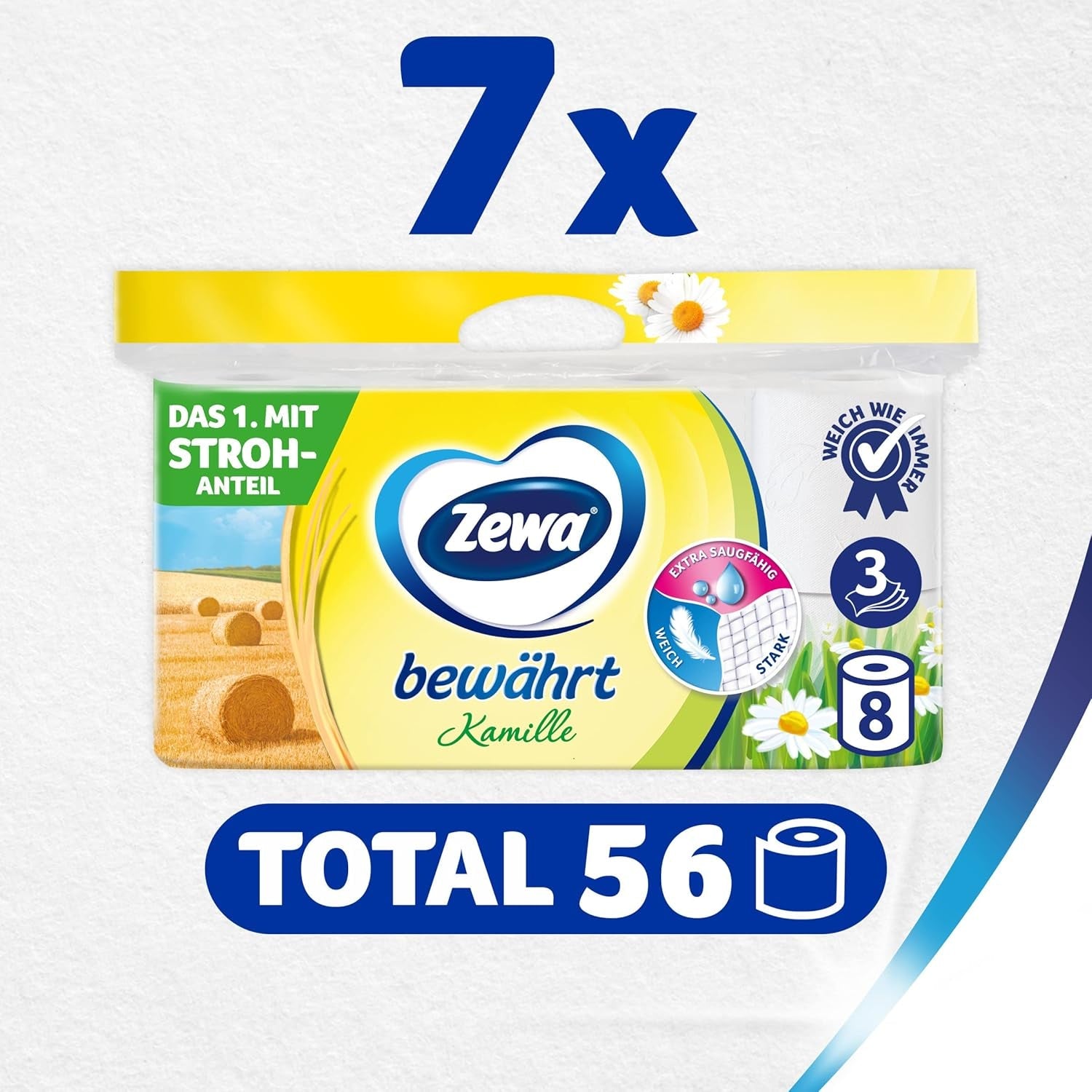 Zewa bewährtes Kamille-Toilettenpapier mit Strohhalm, 7 x 8 Rollen